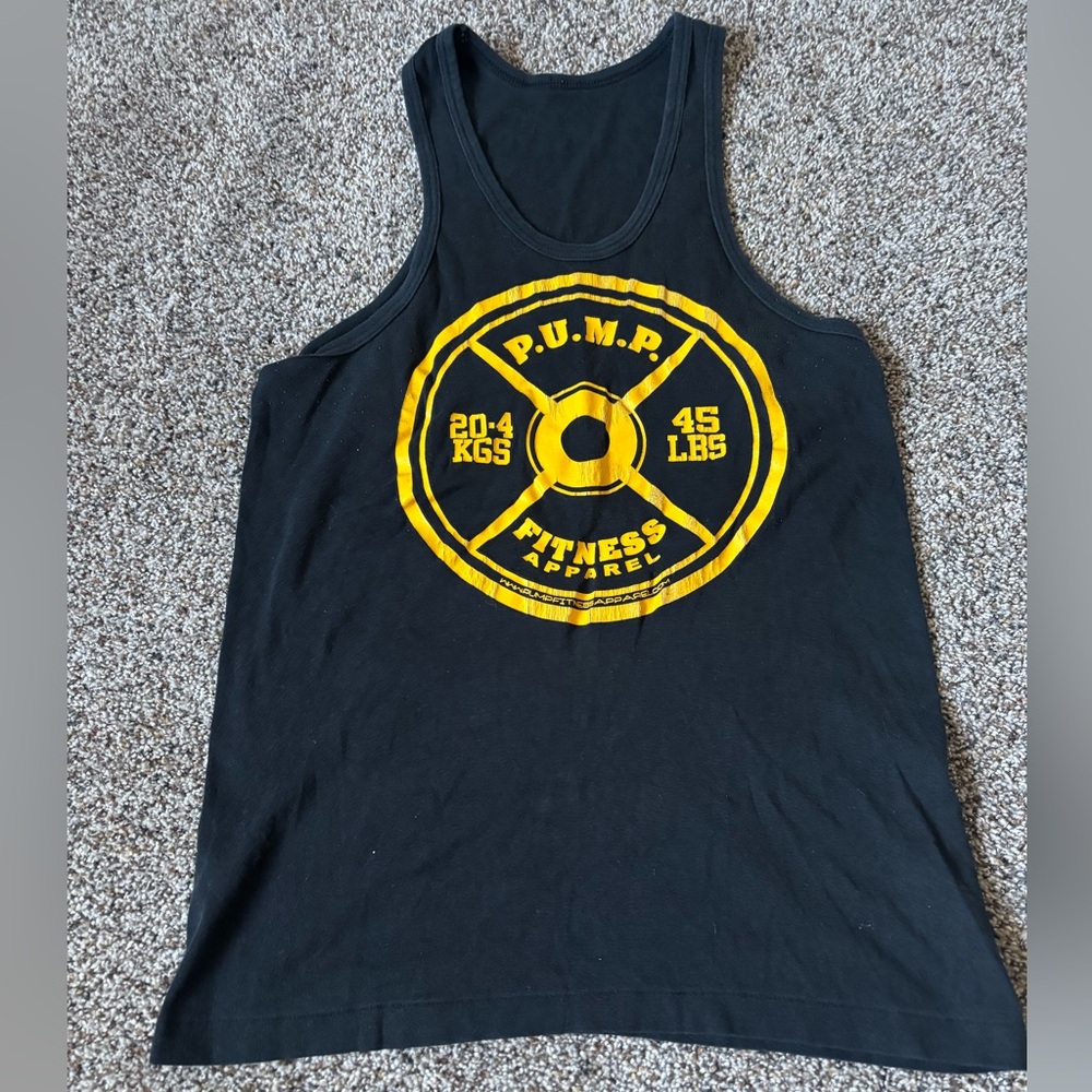 Black Tank Top with Yellow Graphic pump fitness no size tag maybe XS small mens